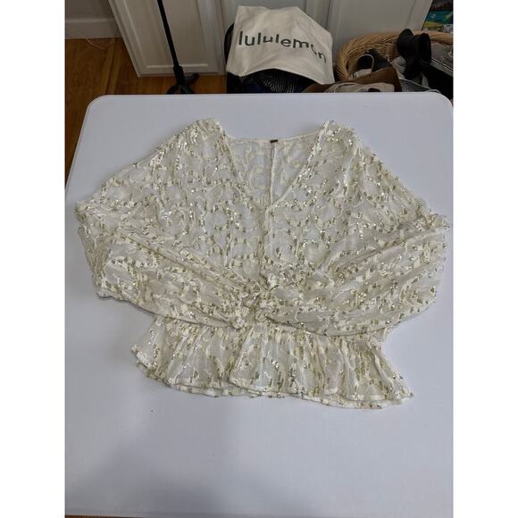 Free People Gold Sequin Blouse Top Sheer Size Small Party - Picture 10 of 10
